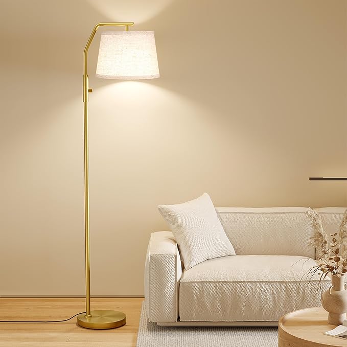 SUNMORY Floor Lamps for Living Room, 9W Bulb Included, Lamp for Bedroom with Adjust Head, Standing Lamp with Rotary Switch, 0-100% Dimmable Floor Lamp for Living Room Bedroom Office Nursery, Gold.