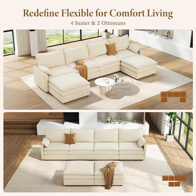 Vesgantti 142" U Shaped Sectional Couch, Comfy Cloud Modular Sectional Sofa with 2 Ottoman Deep Seat Chenille Modern Cloud Sofa, Modular Sofas for Living Room, Bedroom and Apartment, Beige