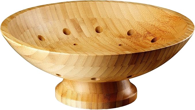 Fruit Basket Fruit Bowl for Kitchen Counter - Wooden Pedestal Bowl with Ventilation Holes, Decorative Bamboo Holder, Wooden Serving Frutero for Produce and Vegetable Storage, Wood Decorative Gift Idea
