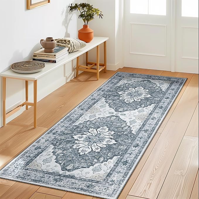 Area Rugs 2'x6' Washable Non-Slip, Floral Vintage Distress Print Pattern Medallion Carpet for Living Room Bedroom Dining Room, Light Gray Grey White