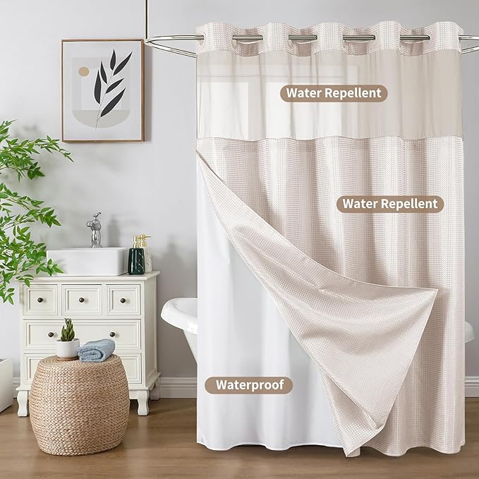 No Hook Shower Curtain with Snap in Fabric Liner, Waffle Weave Heavy Duty Thick Shower Curtains with Mesh Top Window, Hotel Style Waterproof Bathroom Curtain Set, 72 x 75 Inch, Blush Pink