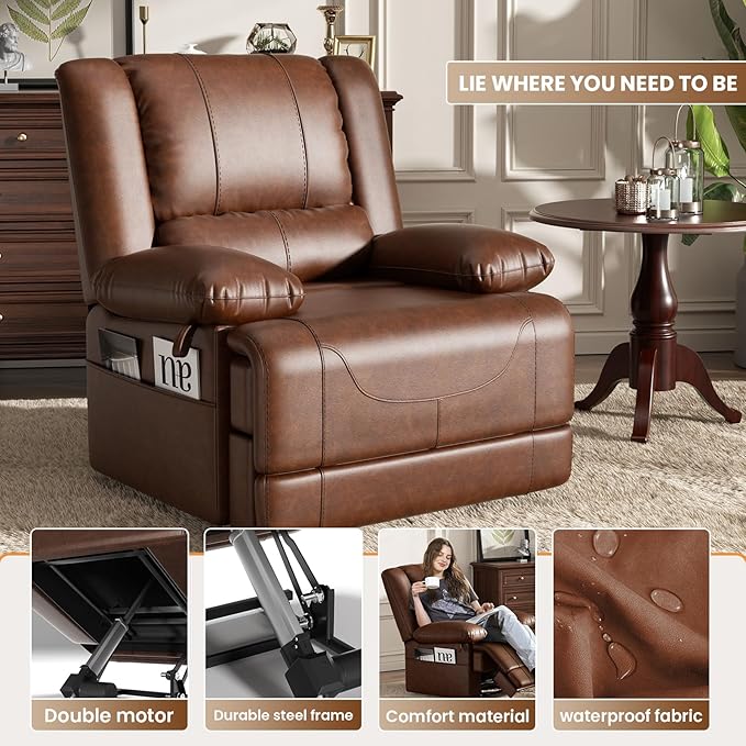 Large Dual Motor Power Lift Recliner Chair with Massage and Heat for Elderly People, Infinite Position,USB Ports and Remote Control,Breathable Leather (Red Brown)