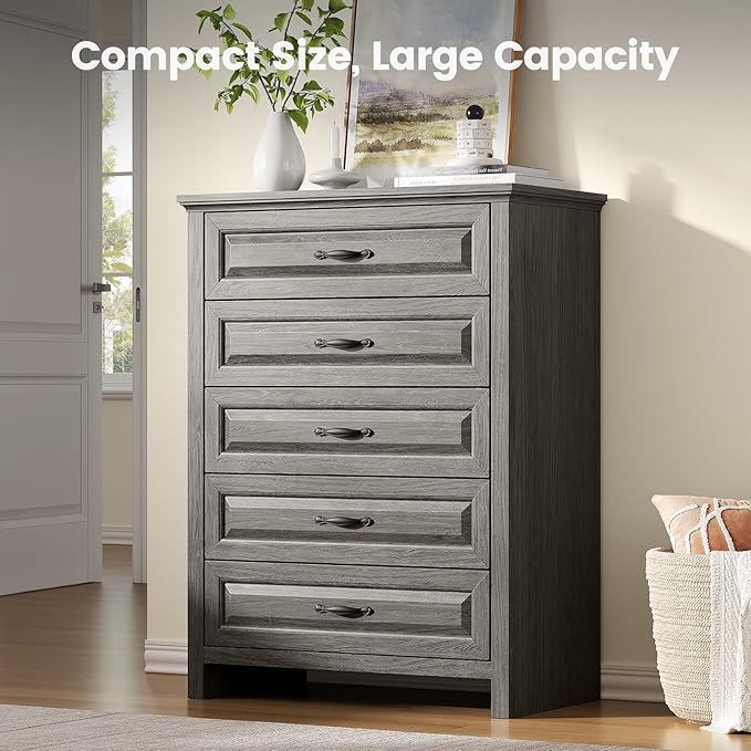 Amada 5 Farmhouse Dresser for Bedroom with Wood Drawers, Anti-Tip Design for Safety and Stability, Large Drawers, Rustic Farmhouse Chest of Drawers for Bedroom, Hallway, Gray