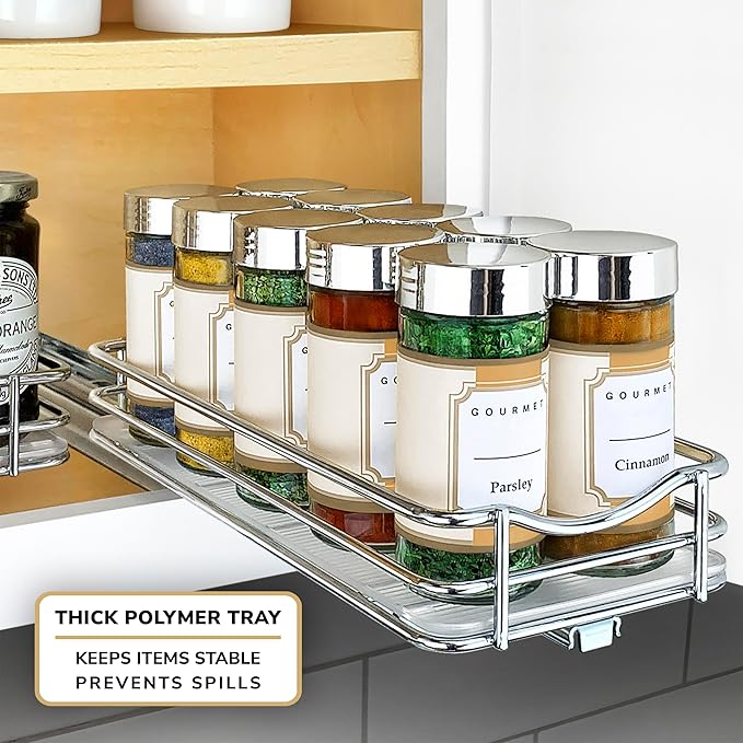 LYNK PROFESSIONAL® Pull Out Spice Rack Organizer for Inside Kitchen Cabinets - 4-1/4 inch Wide - Slide Out Drawer – Chrome Sliding Spice Cabinet Organization Shelf Racks - 1 Tier