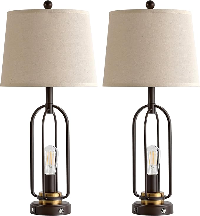 Farmhouse Table Lamps for Living Room Set of 2, 28.5" Tall Rustic Table Lamps with USB Ports, 3-Way Dimmable Vintage Bedside Lamps for Bedroom Nightstand, Bulbs