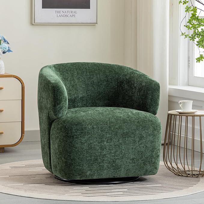 Swivel Accent Chair, Chenille Barrel Chair for Living Room, Cozy Round Boucle Arm Chair, Metal Base for Club Nursery Bedroom, Green