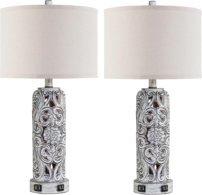 25'' Set of 2 Farmhouse Table Lamps with 2 USB Ports for Living Room Bedroom, Rustic Vintage Table Lamp with Nightlight, Earthy Yellow Hollow Out Resin Lamp for End Table, 2 Bulbs Included