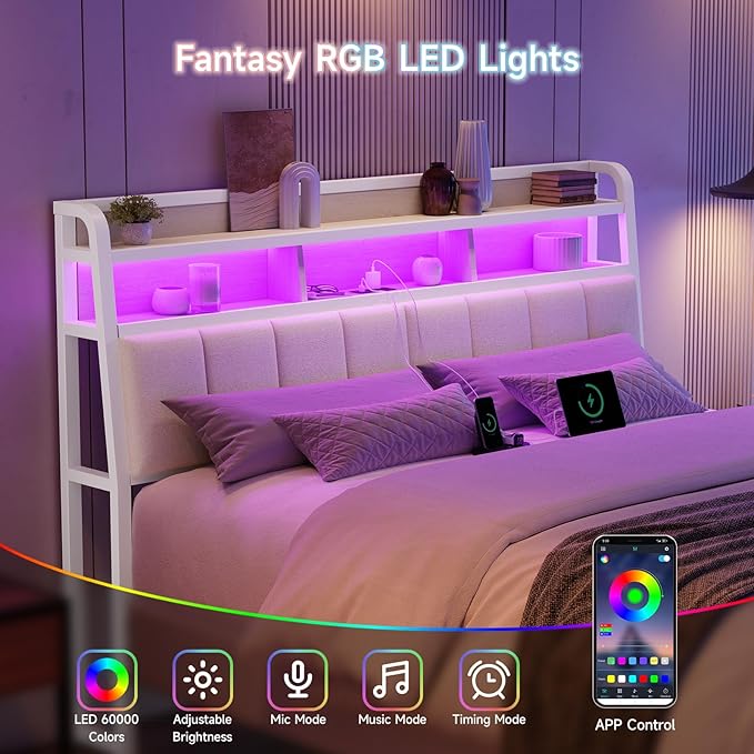 Ergonomic Headboard for Queen Size Bed with 2-Tier Storage, Upholstered Headboards with Outlets, USB Ports, LED Light, Queen Head Board Only, Height Adjustable, Sturdy and Stable, White