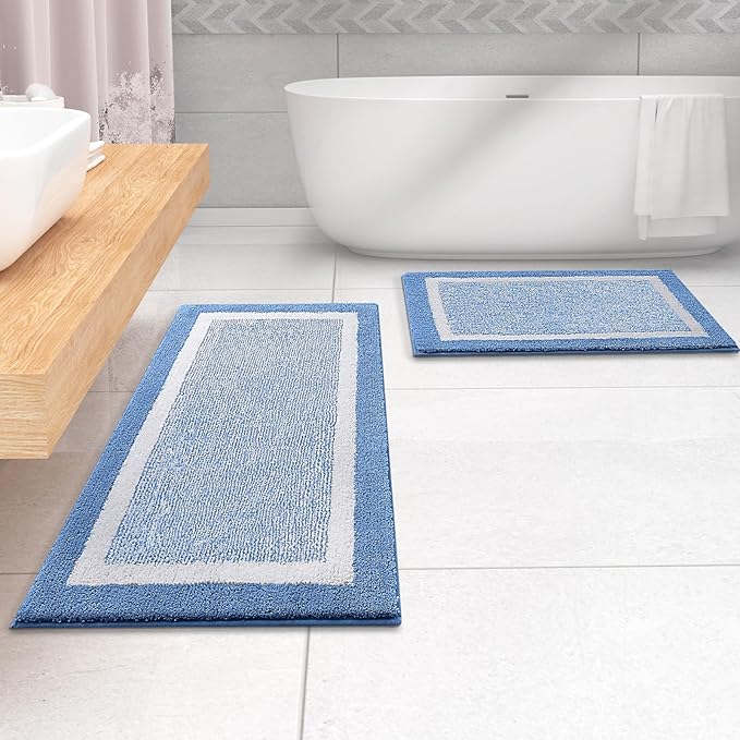 OLANLY Bathroom Rugs 47x17, Extra Soft and Absorbent Microfiber Bath Mat, Non-Slip, Machine Washable, Quick Dry Shaggy Bath Carpet, Suitable for Bathroom Floor, Tub, Shower (Runner, Blue)