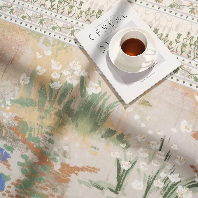 Area Rugs 8x10 Clearance Impressionist-Style Vintage Washable Area Rug Non Slip Low Pile Large Rug for Bedroom Farmhouse Dining Room Kids Playroom, Beige