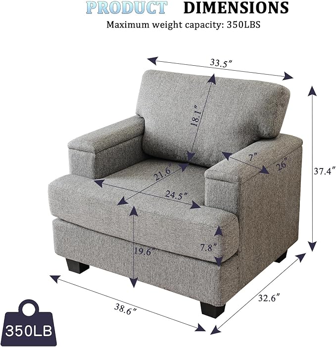 Oversized Accent Chair with Armrest Storage,38”W Big Armchair with 7.8'' Thick Cushion,Deep Seat,Large Comfy Reading Chair, Living Room Chairs,Sofa Chair for Bedroom,Chenille,Dark Gray