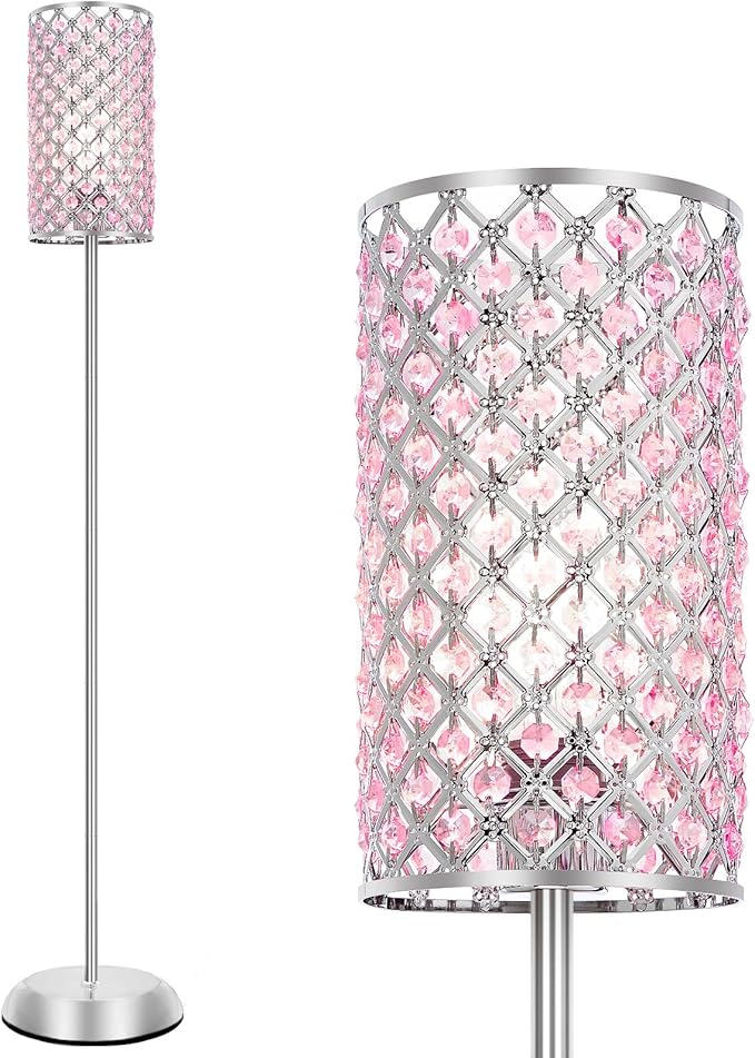 Crystal Floor Lamp for Bedroom, Living Room Pink Floor Lamps Modern Tall Lamp with On/Off Foot Switch Glam Standing Light for Girls Bedroom Minimalism Pole Corner Lamp for Office Dorm Hotel