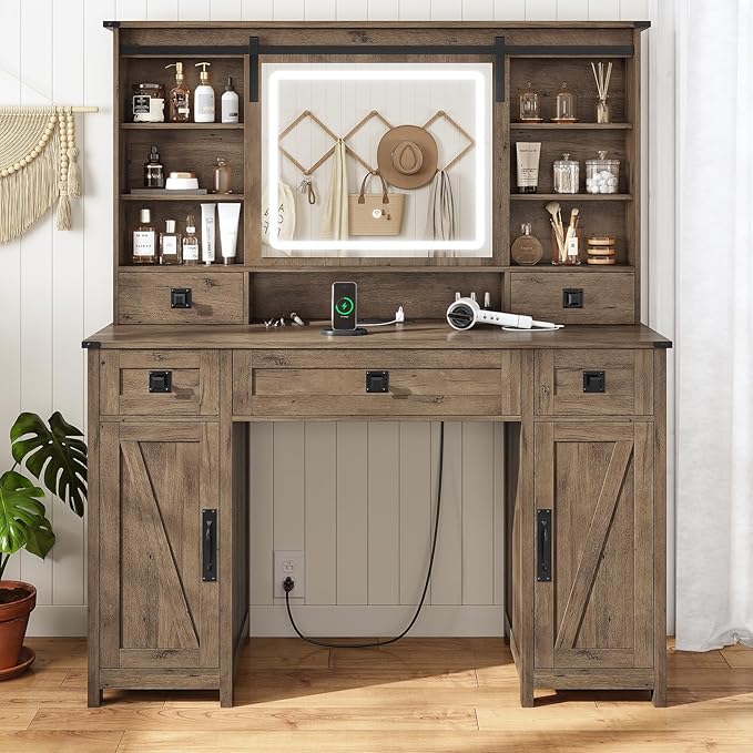 AOGLLATI Farmhouse Makeup Vanity Desk with Lights & Charging Station,Vanity Desk with Mirror and Lights, 47.2” Large Brown Vanity Table with Ample Storage Space and Sliding Mirror (Oak Brown)
