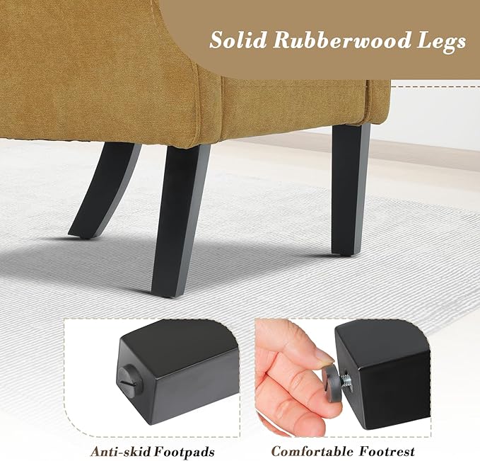 Athena Collection Mid Century Accent Chair, Upholstered Modern Comfy Armchair Single Sofa, Elegant Vanity Chair Reading Chair with High Back and Solid Wood Legs for Bedroom Living Room, Dark Yellow