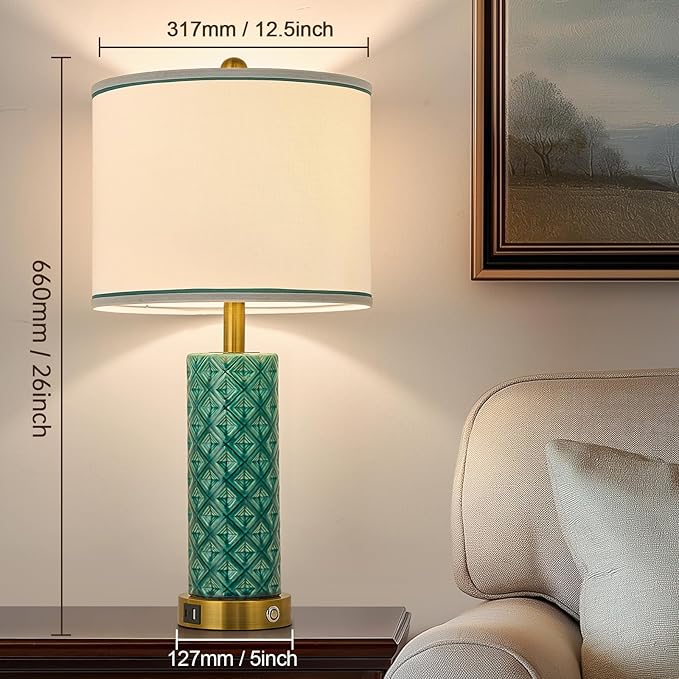 Set of 2 Table Lamp for Living Room Bedroom Farmhouse,26'' Touch Control Bedroom Turquoise Ceramic Lamps 3-Way Dimmable Bedside Lamps with USB A+C Ports Linen Shade for Home