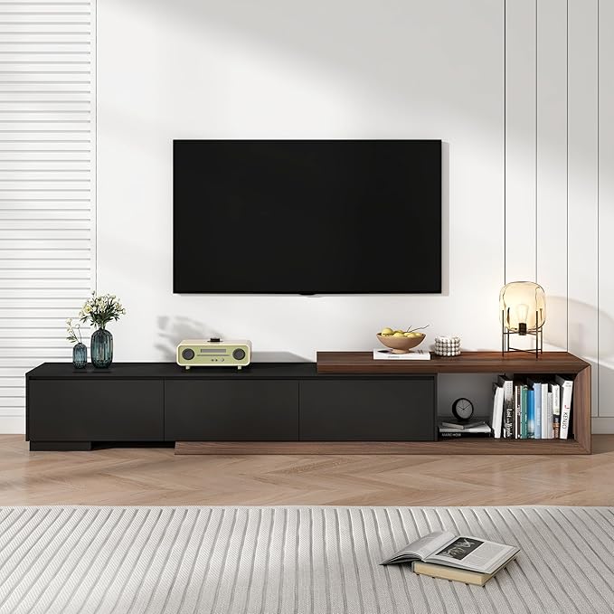 Extendable TV Stand with 3 Drawers, Modern Minimalist Entertainment Center, Reversible Long TV Media Console, Bevel Design, 82-107.3 Inch, Black & Walnut