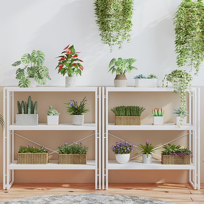 HCHQHS Bookshelf, 3-Tier Industrial Bookcase, White Open Book Shelf, Freestanding Horizontal Bookshelves with Metal Frame