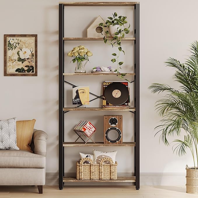 IRONCK Bookshelf, 31.5in Wide Shelf 6 Tier Bookcase, 110lbs/shelf Vintage Industrial Style Bookshelves for Bedroom, Living Room and Home Office, Industrial Brown