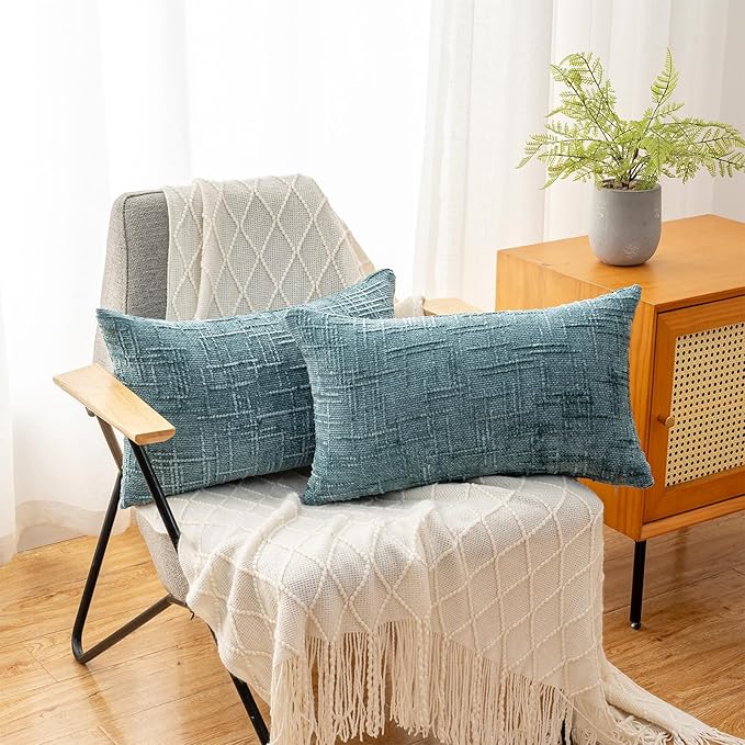 Decorative Throw Pillow Covers 12x20 Inch Set of 2, Soft Solid Farmhouse Chenille Couch Pillows, Spring Pillow Covers for Couch Sofa Bed Living Room Home Decor Pillowcase, Teal