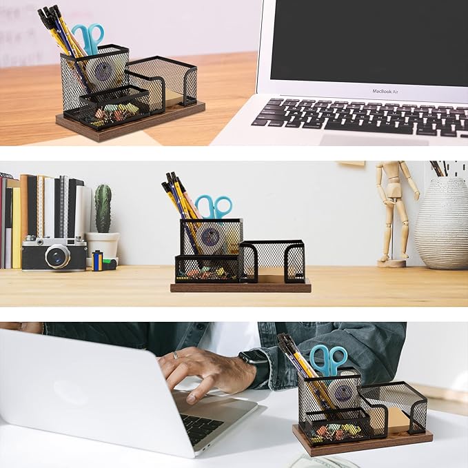 Antique Wood & Mesh Pen Holder Office Supplies Caddy, Storage Baskets for Desktop Accessorieswith Sticky Notes Holder,3 Compartments(2 Pack Black)