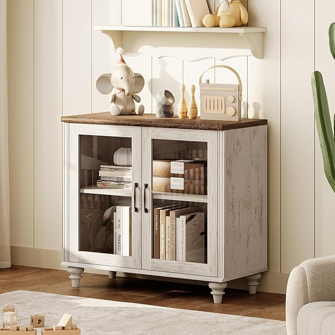 WAMPAT Farmhouse TV Stand for TVs Up to 43 inch, Glass Wood Universal TV Stand with a Large Storage Cabinets, Entertainment Center, TV Console Table for Living Room, Bedroom, Rustic White