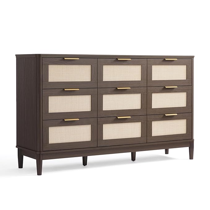 LINSY HOME Rattan Dresser for Bedroom with 9 Drawers, 58" Wide Chest of Drawers, Mid Century Modern Dresser TV Stand with Metal Handle, Wood Closet Storage Cabinet for Living Room, Hallway, Walnut