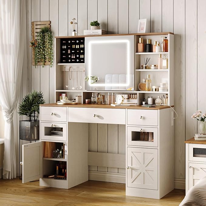 Farmhouse Vanity Desk with Mirror and Lights,White Makeup Vanity with 5 Drawers & Hidden Storage,Rustic Large Dressing Table with Charing Station & Shelves for Bedroom
