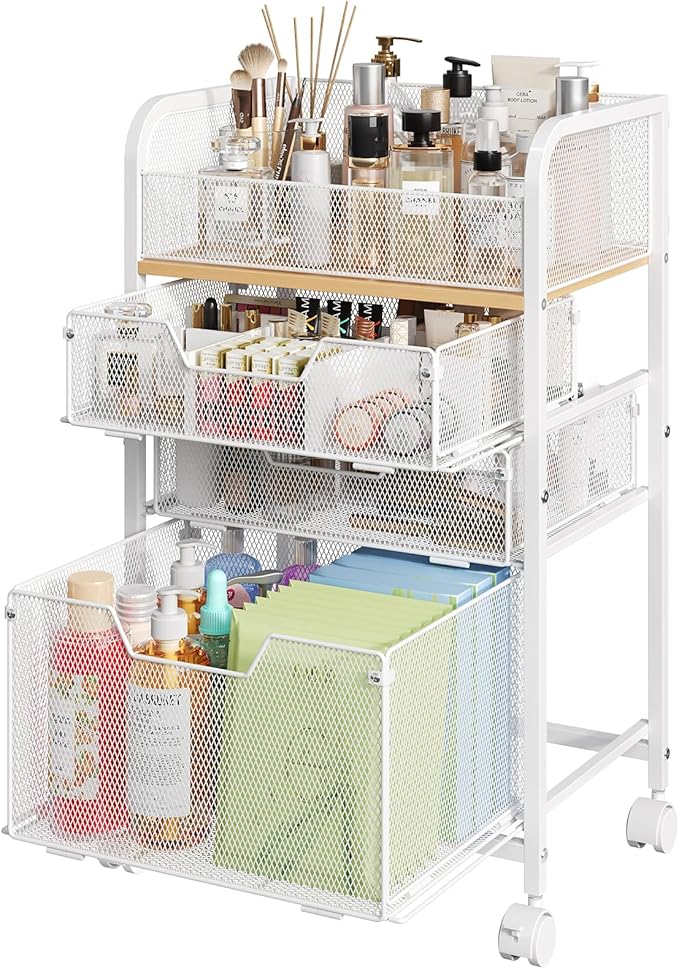 Rolling Makeup Cart Organizer with 3 Drawers, Floor Skincare Organizers with Wheels, Cosmetics Display Cases, Vanity Storage Organizer for Skin Care Perfume Nail Polish, White