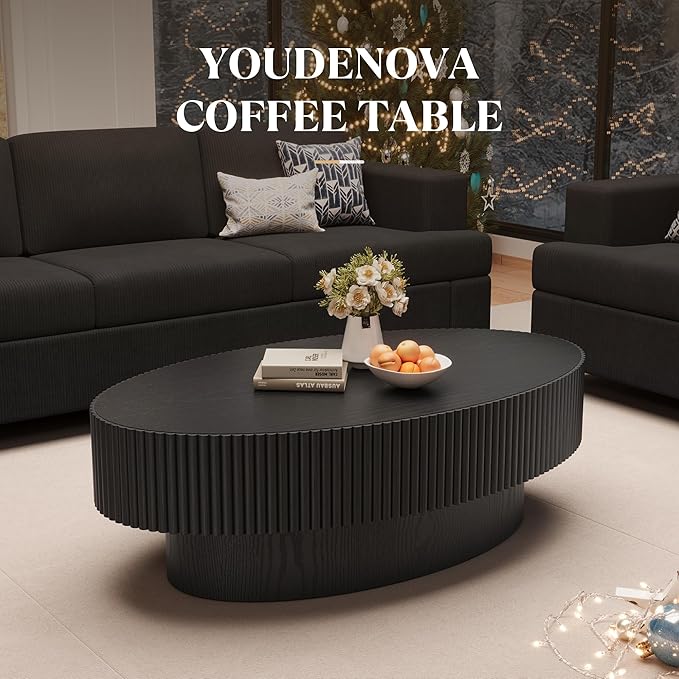 Oval Wood Coffee Table, Modern Fluted Coffee Table for Living Room, Veneer Handcrafted Relief 43.7" Olive-Shaped Tea Table with Sturdy Pedestal,Easy Assembly - Black