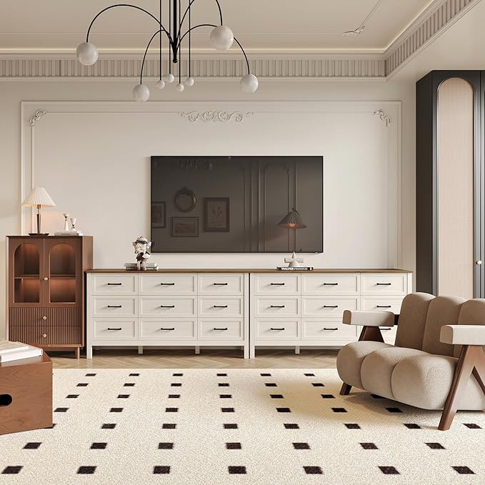 Farmhouse Dresser for Bedroom, 9 Drawers Dresser with Metal Handle, Natural Texture, Wood Rustic Chest of Drawers for Bedroom,Living Room,Hallway and Entryway, Antique White