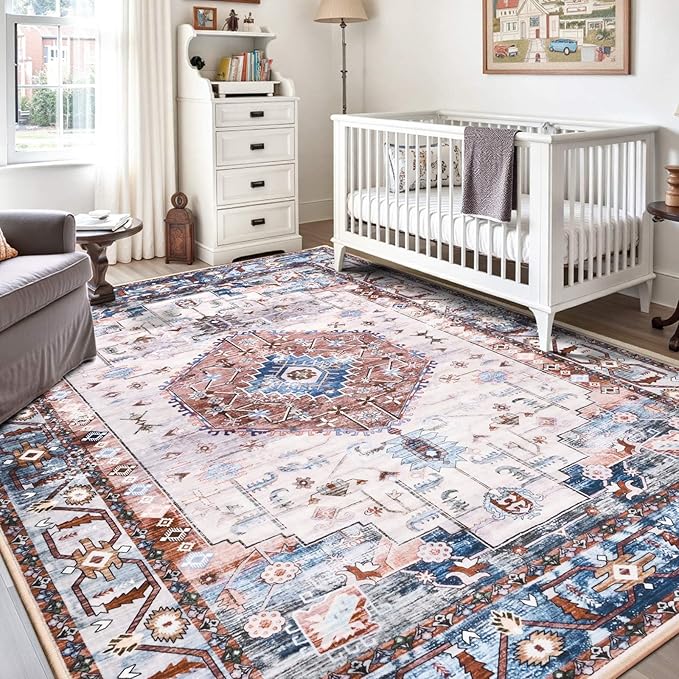 Large Washable 6x9 Area Rug, Red Vintage Floral Rugs for Living Room, Non Slip Low Pile Carpet for Bedroom Dining Room, Thin Indoor Carpet for Office Classroom