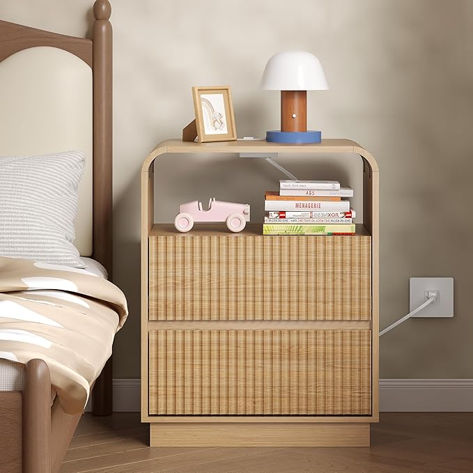 Dresser with 2 Drawers and Charging Station, Fluted Bedside Table with Round Curved Corner, Hidden Handles, 2 AC Outlets and 2 USB Ports, Modern Wood End Table with Open Shelf for Bedroom