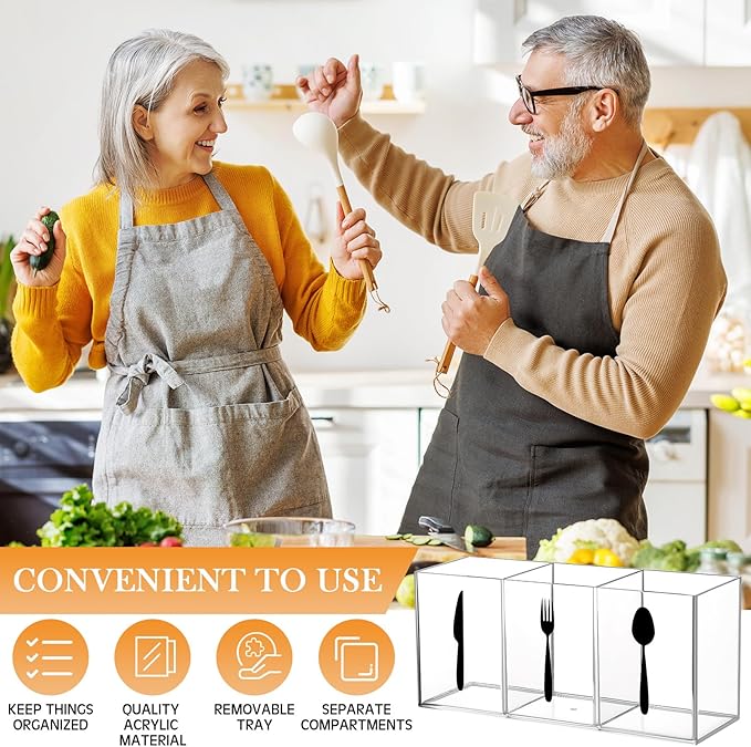 Suzile Acrylic Cutlery Storage Organizer Bin Silverware Caddy Countertop Knife Spoon and Fork Holder Kitchen 3 Section Tableware Storage Box for Cabinet Indoor Home Flatware Dining Room (Clear,L)