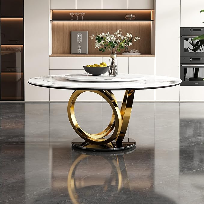 59" Round Modern Marble Dining Table with Lazy Susan, Sintered Stone Top for Kitchen, Dining Room, Dinette, Space Saving Design