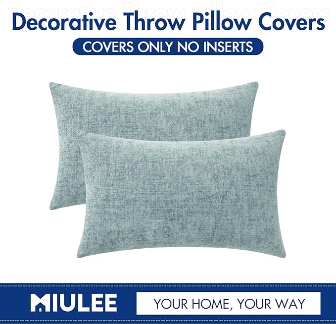 MIULEE Pack of 2 Light Blue Throw Pillow Covers 12x20 Inch Soft Chenille Pillow Covers for Sofa Living Room Couch Solid Dyed Cases