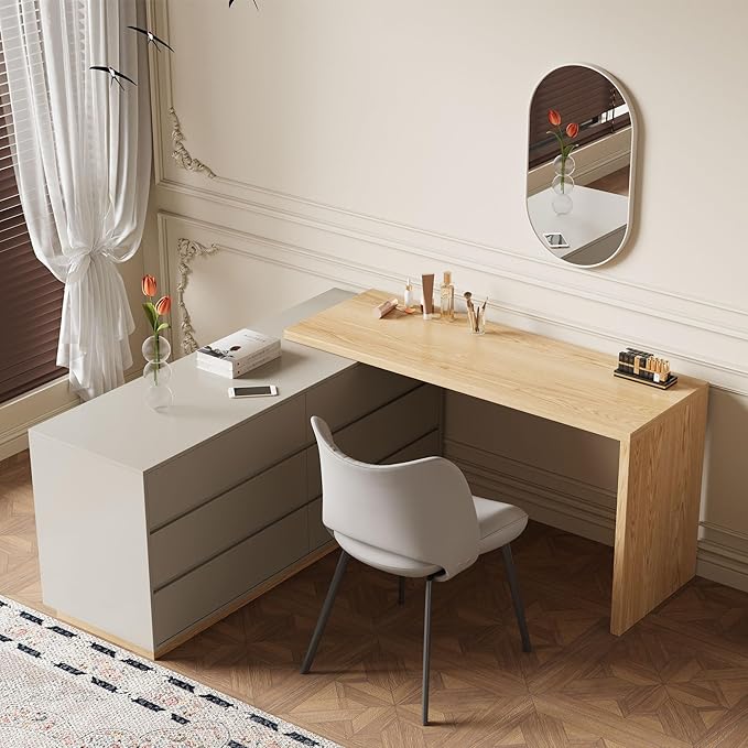 Modern Expandable L-Shaped Vanity Desk with 6 Drawers, Adjustable Computer Table for Home Office, Study, Writing, Gaming, and Bedroom Makeup, Beige, 56-98.5 ″