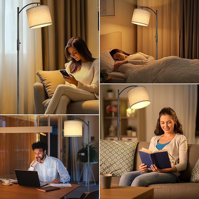 ROTTOGOON Dimmable Floor Lamp, Arc Floor Lamps for Living Room, Stepless Dimming Modern Standing Lamp with Linen Shade, Tall Lamp for Bedroom Office Dining Room- Black