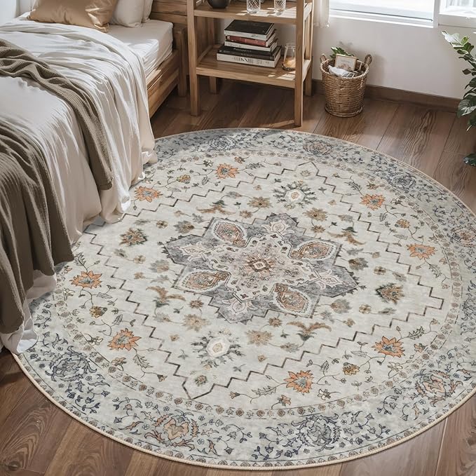 Tangsoo Vintage Round Rug 4ft Washable Circle Rug, Non Slip Small Boho Round Rug, Low Pile Circular Rugs, Round Carpet for Bedroom,Entryway,Nursery,Dorm,Kitchen,Taupe