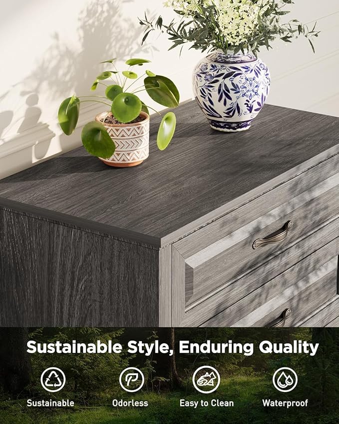 Pipishell Grey 5 Drawers Dresser Chests for Bedroom, 42.7 Inch Tall Wooden Dresser, Farmhouse Storgae Organizer with Large Drawers & Bar Handles for Bedroom, Entryway, Hallway, Grey