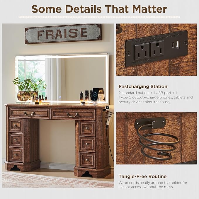 T4TREAM Makeup Vanity Desk with 48" HD Lighted Mirror, Farmhouse Vanity Desk with 8 Drawers, Vanity Table with 3 Color Modes, Dressing Table with Glass Top and Power for Bedroom(Reclaimed Barnwood)