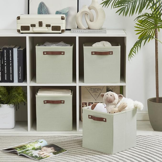 Collapsible Fabric Storage Cube Bins with 2 Reinforced PU Handles, Foldable Storage Organizer Baskets for Closet, Shelves, Living Room | 11"x11"x11", 4 Pack, Sage Green