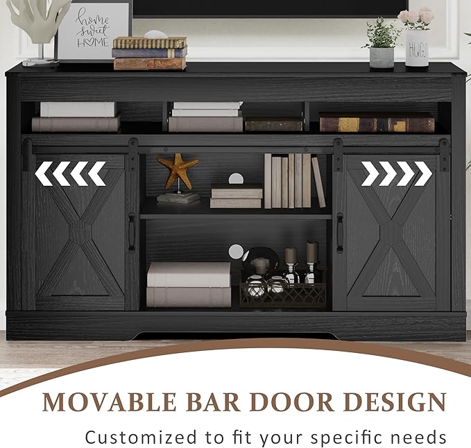 Farmhouse TV Stand for 65+ Inch TV, 34'' Tall Entertainment Center with Sliding Barn Doors, Rustic Wood Media Console Storage Cabinet Television Stand for Living Room, Bedroom (Black)
