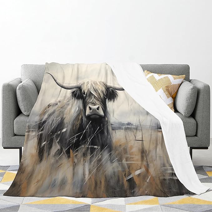 Highland Cow Throw Blanket - Farm Animal Gifts and Decor - Soft, Warm, Cozy Fleece for Couch, Sofa, Bed - 60"x50"