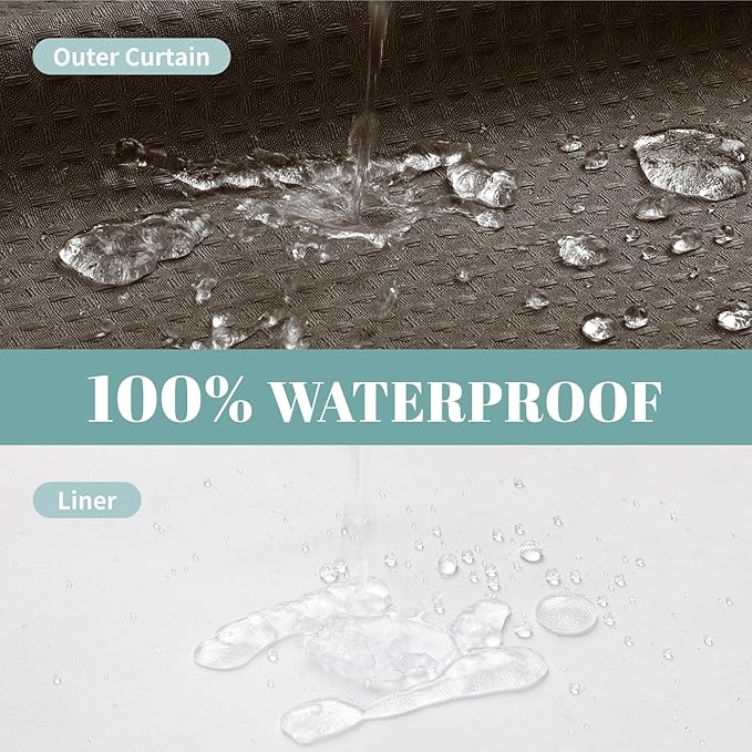 Brown No Hook Waffle Weave Shower Curtain with snap-in Liner Replacement, 230GSM Waterproof Fabric Hotel Shower Curtain Set for Bathroom, Through Mesh Top Window,54Wx80H