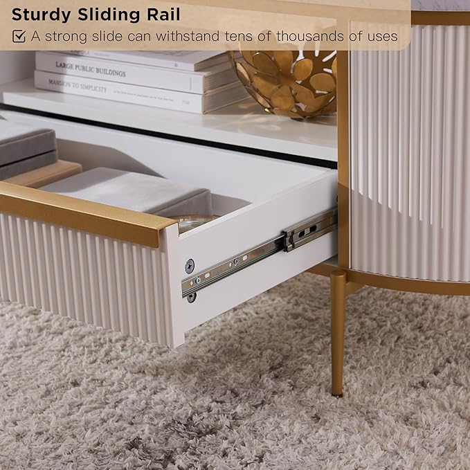 OKD Modern Luxury Fluted Coffee Table, 48" Oval Coffee Table with Drawer, Faux Marble Top, Curved Profile Design, Gold Metal Decor, Center Table for Living Room, Off White