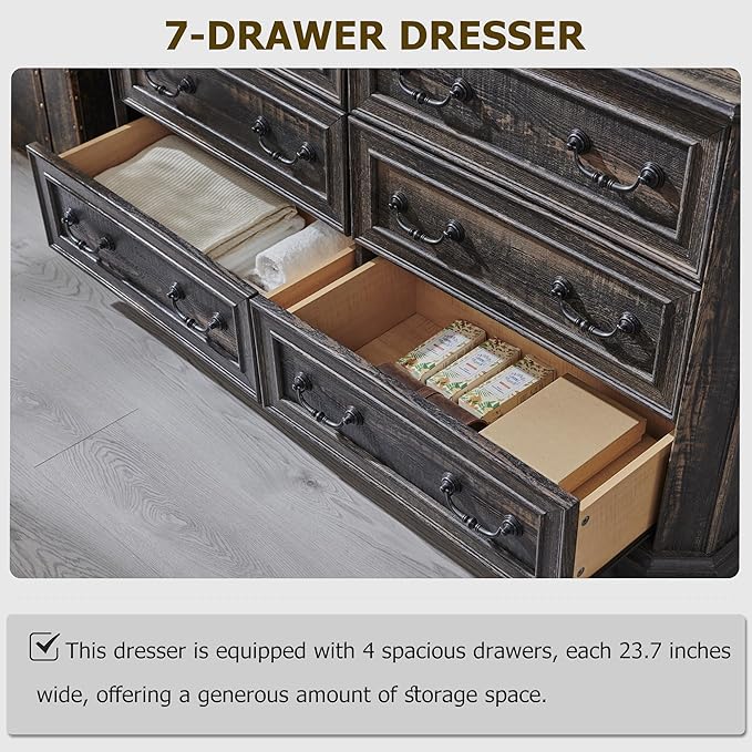 T4TREAM Farmhouse 6 Drawers Dresser for Bedroom, 54" Wide Wood Rustic Chest of Drawers with Natural Texture, Vintage Design, Storage Dressers Organizer for Bedroom, Living Room, Dark Rustic Oak