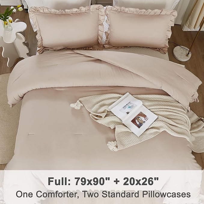 Litanika Full Comforter Set Beige, 3 Pieces Khaki Ruffle Farmhouse Aesthetic Bedding Comforter Set, Lightweight Fluffy Microfiber Bed Set (79x90In Comforter, 2 Pillowcases)
