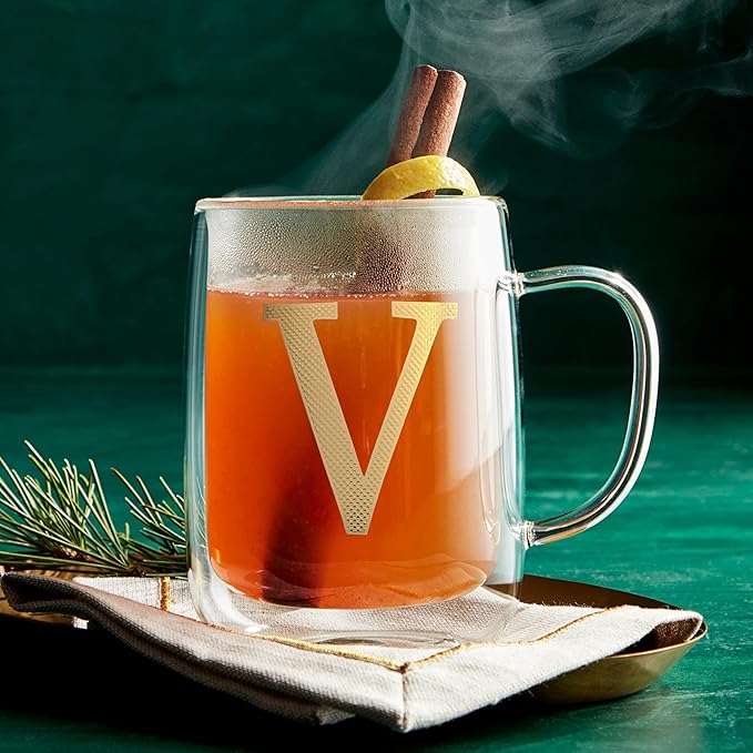 COLLECTIVE HOME - Double Walled Glass Coffee Mugs, Insulated Coffee Mug with Handle, Personalized Gifts for Women, Men, Christmas, 14 oz Monogram Cups (V)