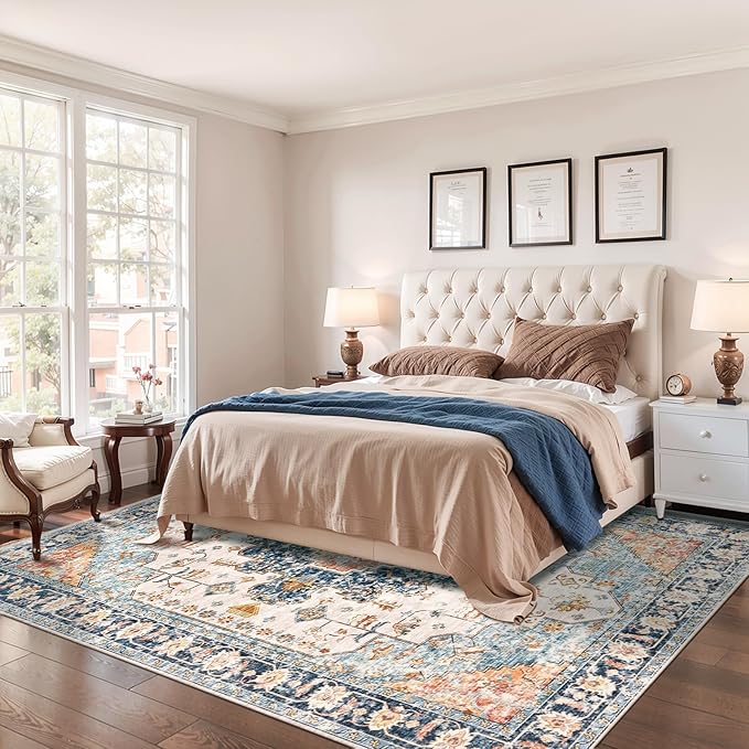 Tangsoo 8x10 Area Rug for Living Room, Washable Vintage Indoor Non Slip Large Area Rugs, Print Distressed Blue/Beige Carpet, Soft Low Pile Foldable Floor Rug for Bedroom Dining Room Dorm