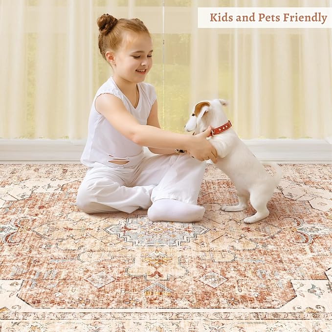 Tangsoo 5x7 Area Rug Washable Rug for Living Room, Vintage Indoor Non Slip Large Area, Print Distressed Brick Red Carpet, Soft Low Pile Foldable for Bedroom Dining Room Dorm